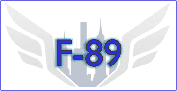 Blue and white F-89 logo with wings.