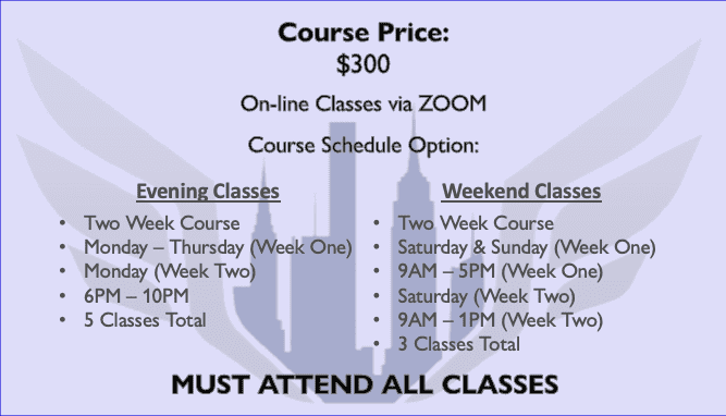 A graphic with course information including price, schedule, and requirements.