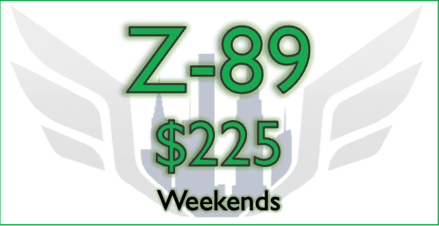 Green text that reads "Z-89 $225 Weekends" over a light gray background with a dark gray wing design.